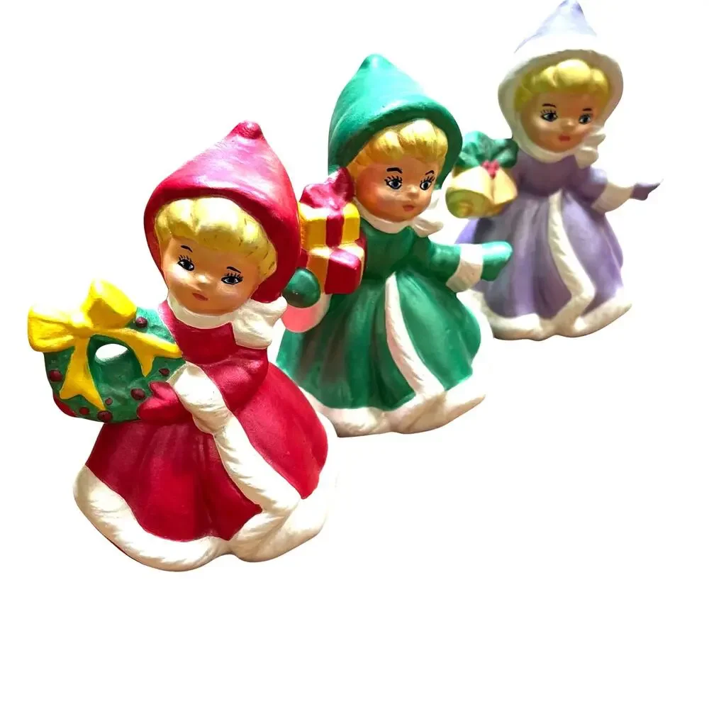 Vintage Christmas Girls Trio of ceramic holiday figures signed red green purple